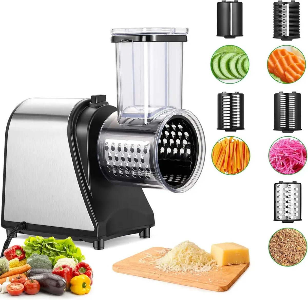 Affettatrice Elettrica per Verdure 250W, Grattugia Multifunzione con 5 Lame, Nero/Argento