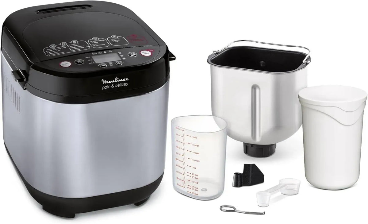 Moulinex OW240E Macchina del Pane Acciaio Inox con Programmi Yogurt e Senza Glutine, 20 Funzioni per Pane, Pizza e Dolci, 20W, Nero