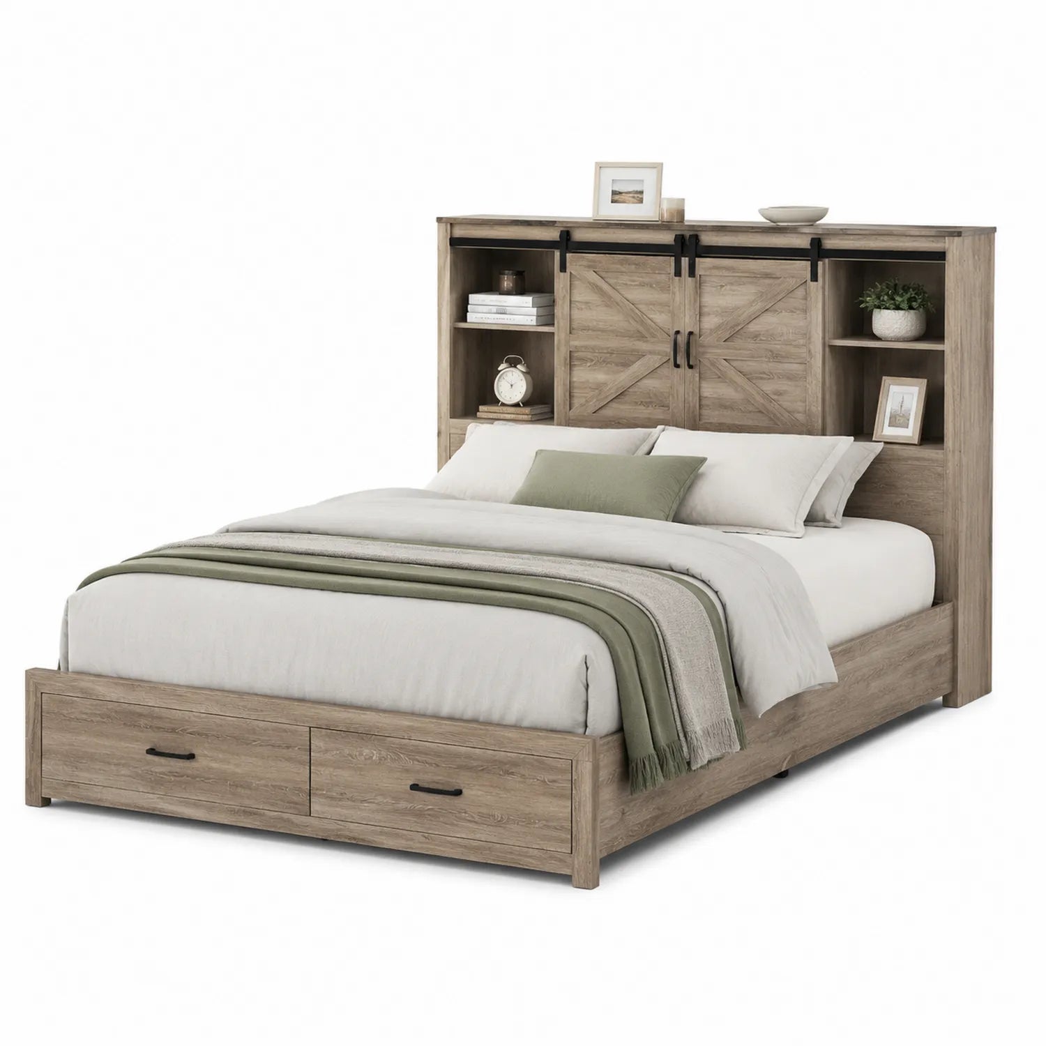 Letto matrimoniale in legno con scaffale e cassetti colore Rovere