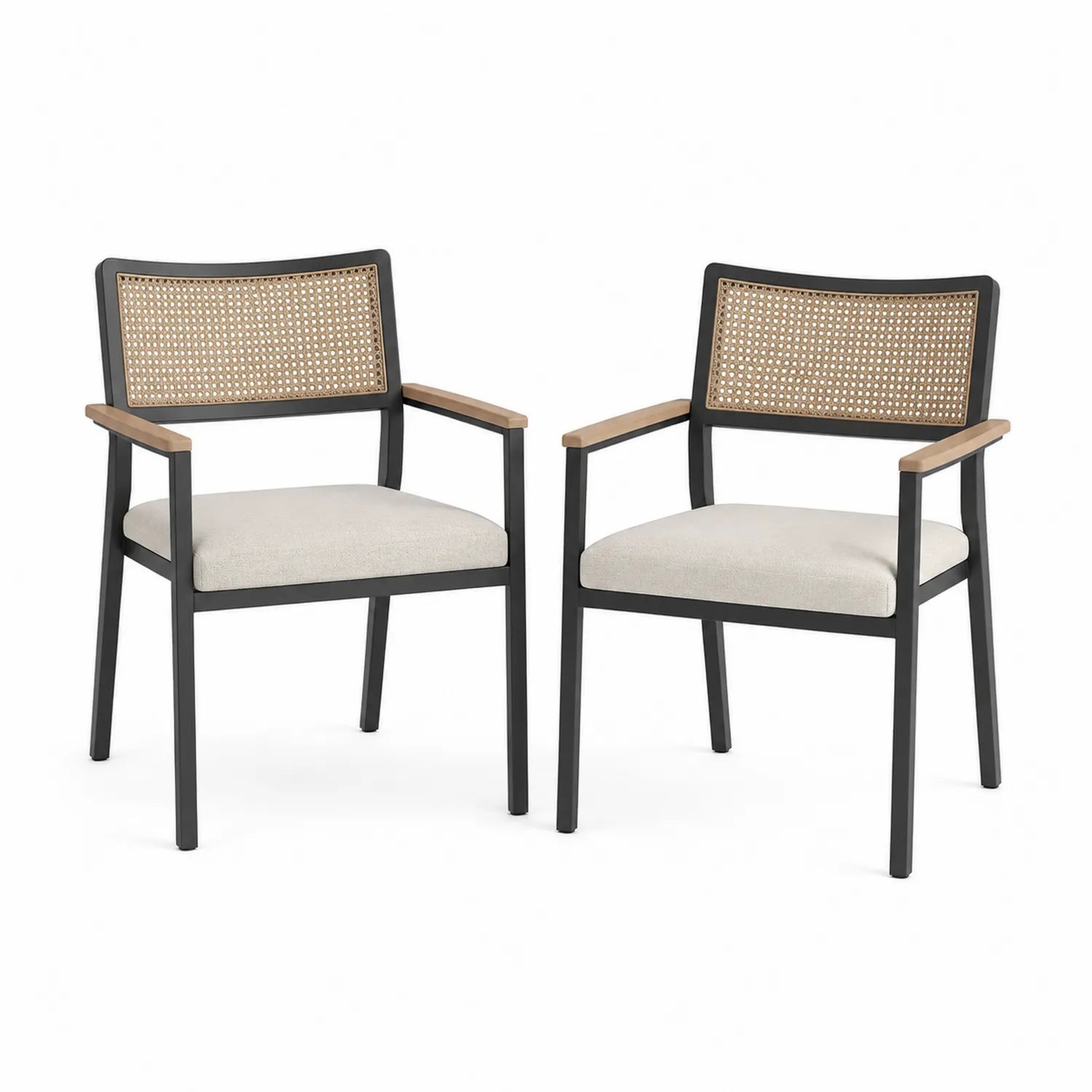 Set di 2 sedie da pranzo in metallo e rattan con cuscino in tessuto beige