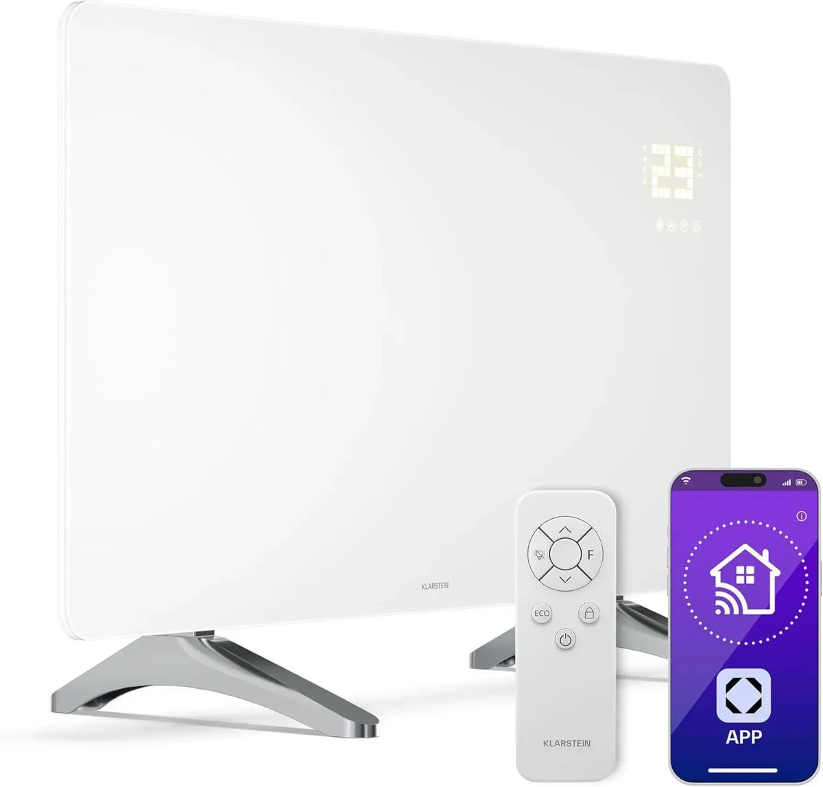 Pannello Radiante Infrarosso WiFi 480W Klarstein con Termostato e Timer, Vetro Bianco, IP43