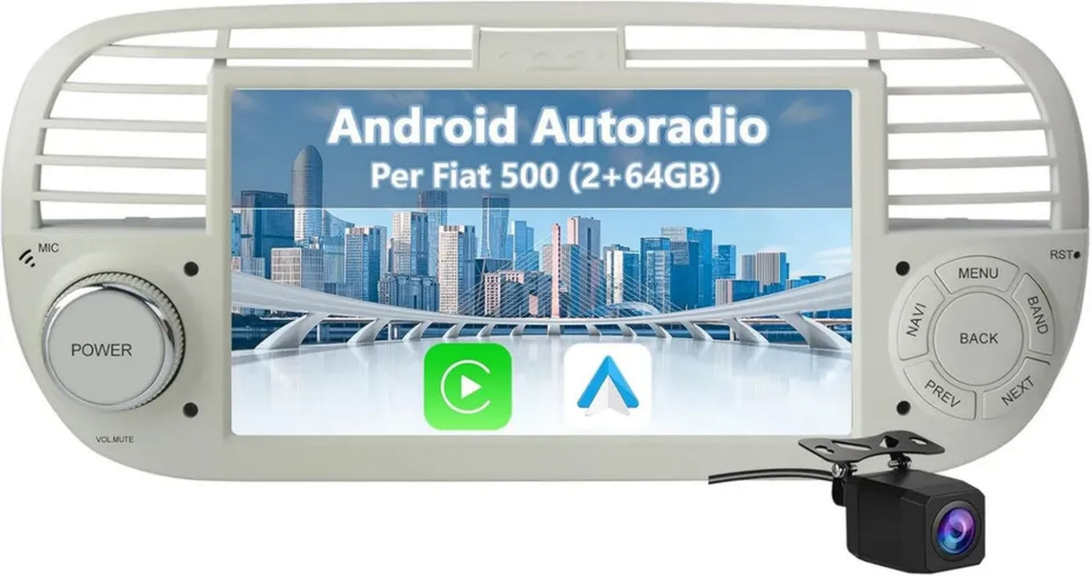 Stereo Android per Fiat 500 (2007-2015) con CarPlay e Android Auto, 64GB, GPS, BT, comandi al volante e fotocamera posteriore