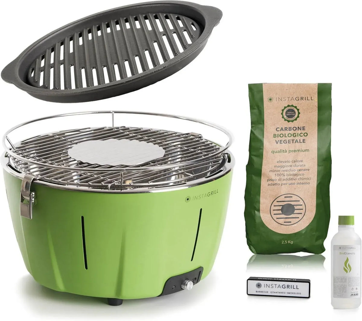 Barbecue Portatile InstaGrill in Ghisa, Ideale per Tavolo e Balcone, con Carbone e Gel Accensione, Batteria Ricaricabile, Verde Avocado
