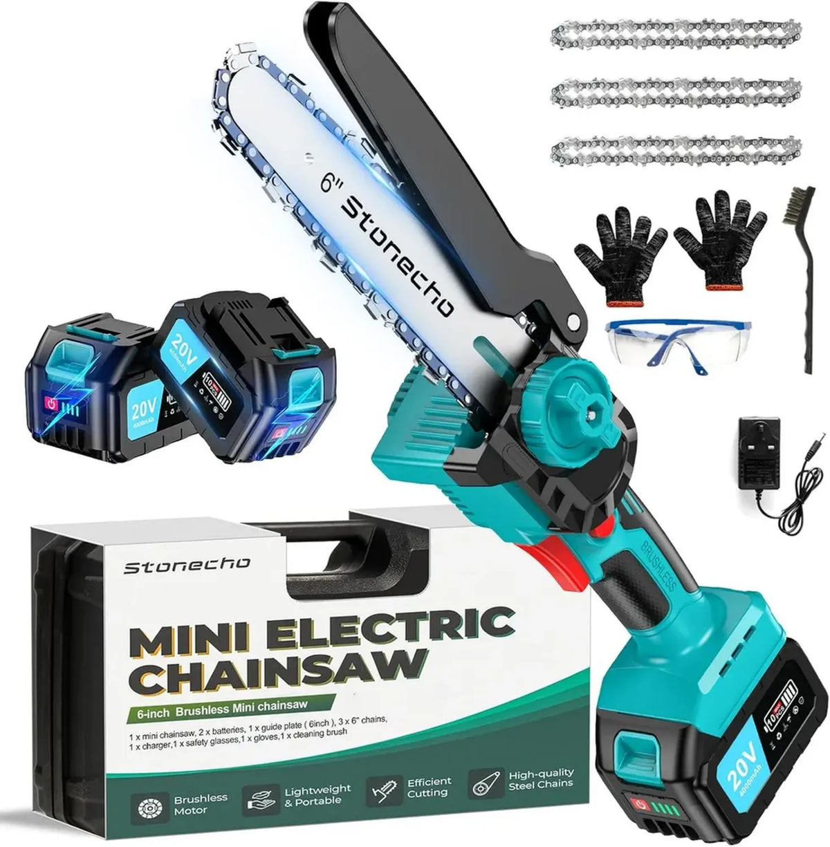 Motosega a Batteria 15,2 cm, 2 Batterie 4000 mAh, Motore Brushless, Portatile per Rami