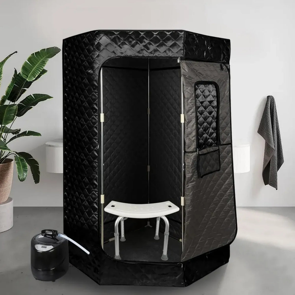 Cabina Sauna Portatile per Casa, 9 Livelli di Temperatura, Timer 0-99 Minuti, con Telecomando, per Uso Interno ed Esterno, 3L, Pressoterapia Liftodrenante, 90x90x180 cm, Colore Nero