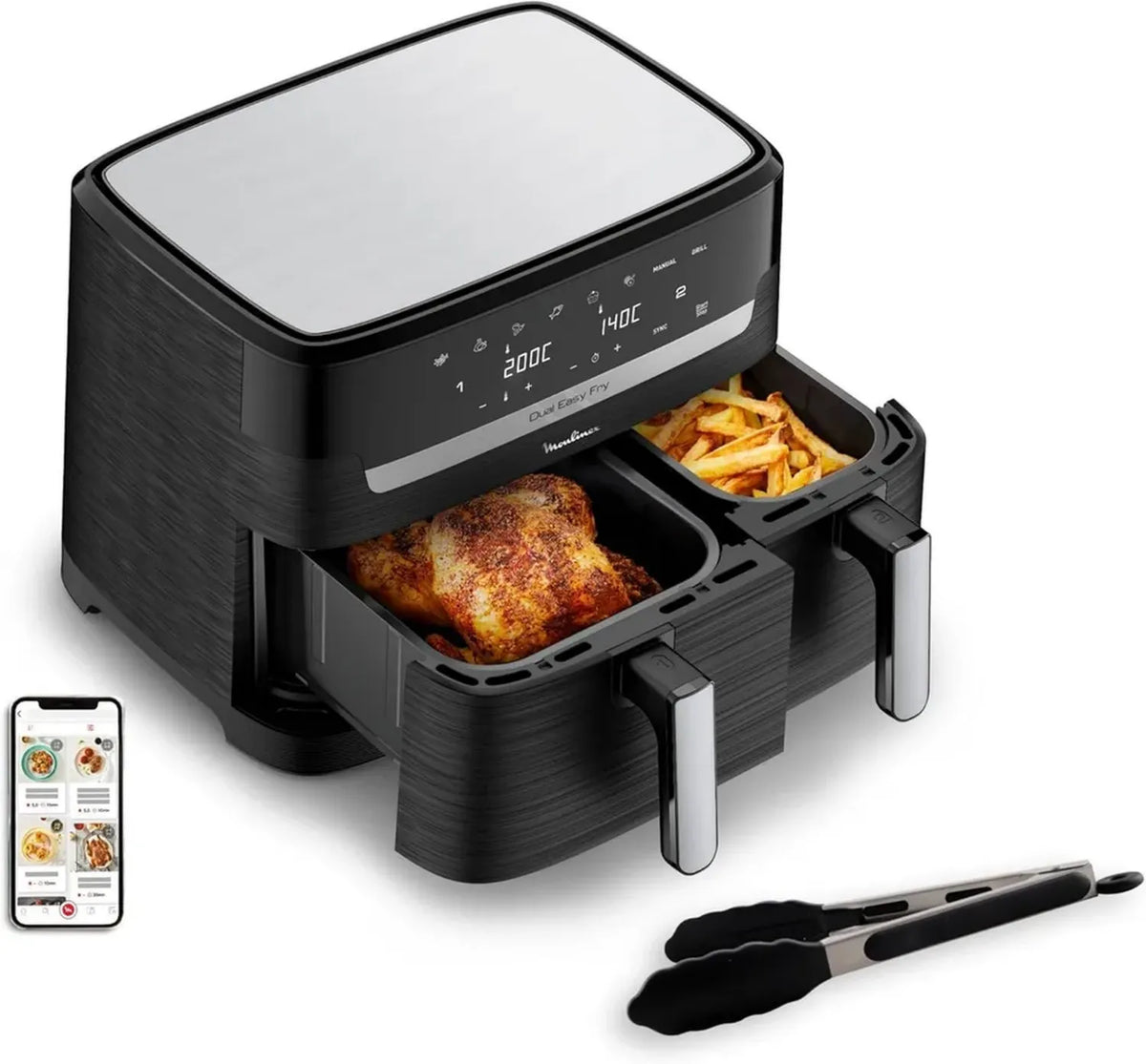Friggitrice ad Aria Moulinex Essential Inox 8,3L, Fino a 8 Persone, 7 Programmi Ambienti, Risparmio Energetico, App Dedicata, Modello EZ9018F1