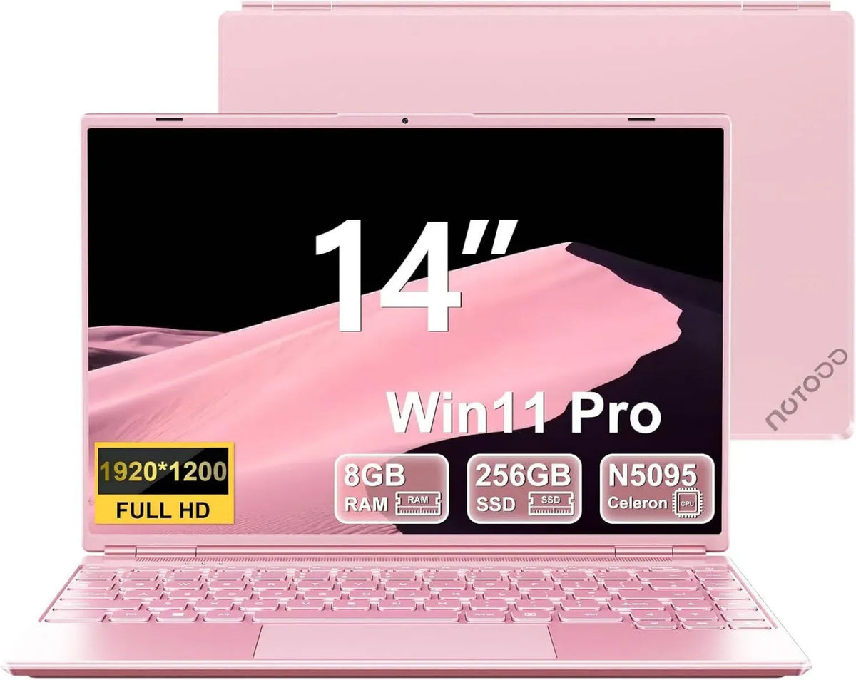 Notebook 14'' Windows 11 Pro, Celeron N5095, 8GB RAM, 256GB SSD, Espansione 1TB, Rosa