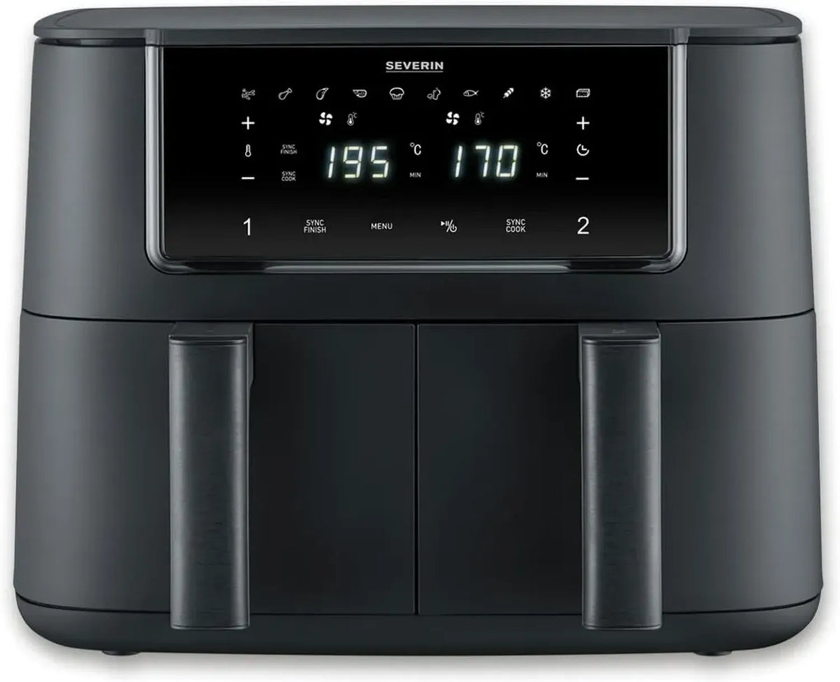 Friggitrice ad Aria SEVERIN 2600W, Dual Zone, 8L Totali, Display Touch, 11 Programmi, Sync Cook, Nero/Inox