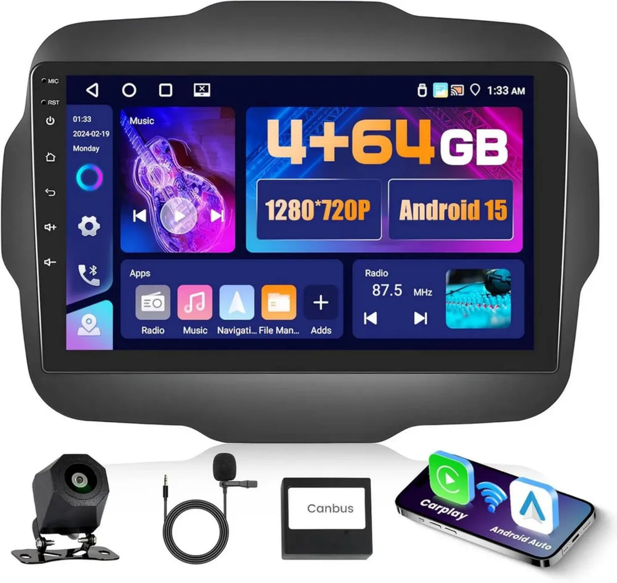 Autoradio Android 5G WiFi per Jeep Renegade 2016-2020, Display IPS 9'' con CarPlay e Android Auto