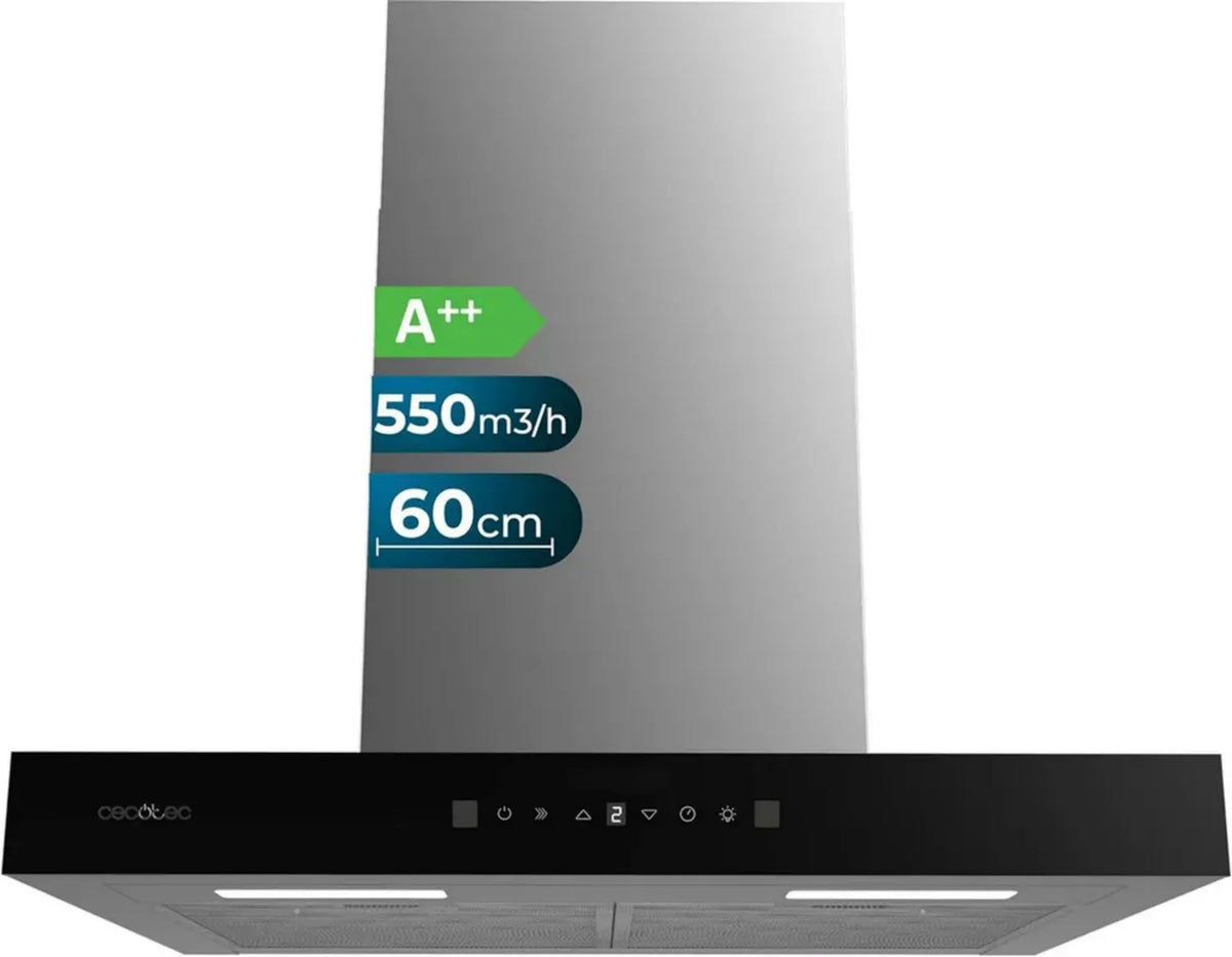 Cappa Aspirante Cecotec 60 cm Vetro Nero, Classe A++, 70W, 550 m3/h, Controllo Touch, 3 Velocit¨¤, Funzione Booster, Illuminazione LED, Filtro a Carbone