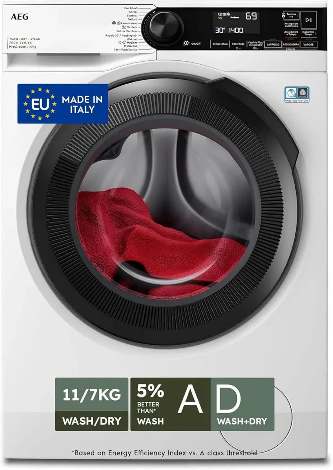 AEG Lavatrice Asciugatrice Serie 7000 ProSteam, 11+7 Kg, Funzione Vapore, 1400 Giri, Motore Inverter Silenzioso, Classe Energetica D