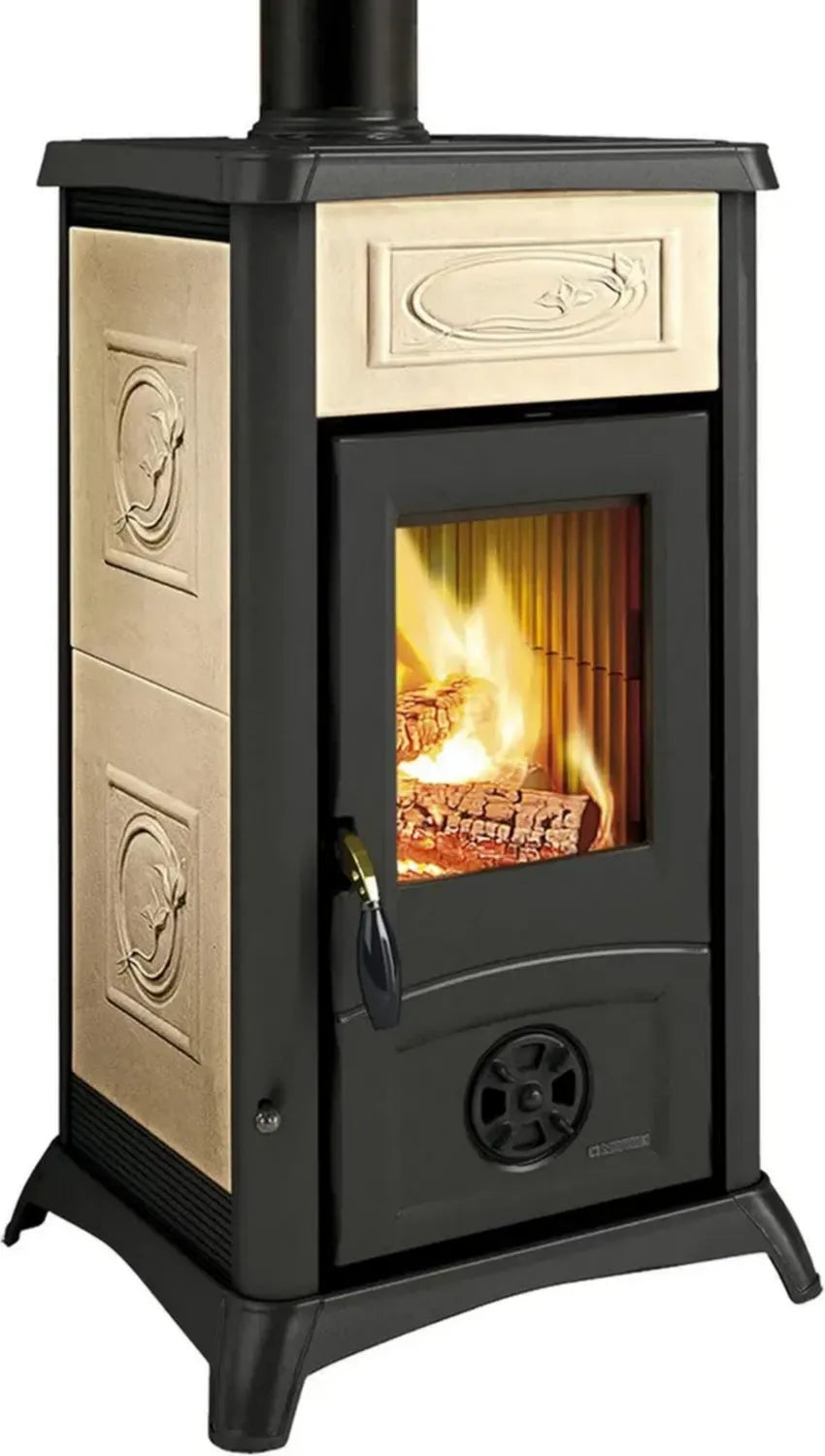 Stufa a Legna Gemma Liberty con Rivestimento in Maiolica, Struttura in Ghisa, Vetro Ceramico, 6 kW, Dimensioni 460x495x840 mm