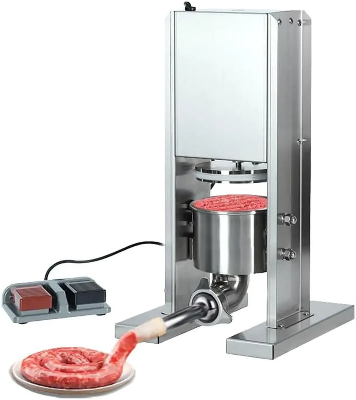 Riempitrice Elettrica per Salsicce, 2L Acciaio Inox Verticale, Macchina Commerciale con 3 Beccucci e Pedale, Uso Domestico e Ristoranti