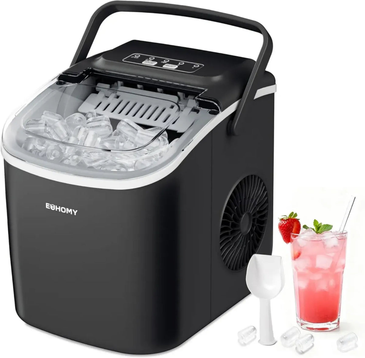 Macchina del Ghiaccio EUHOMY, 12kg/24h, Funzione Autopulente, 9 Cubetti in 6 Minuti, Due Dimensioni, Silenziosa, con Maniglia e Accessori, Colore Nero