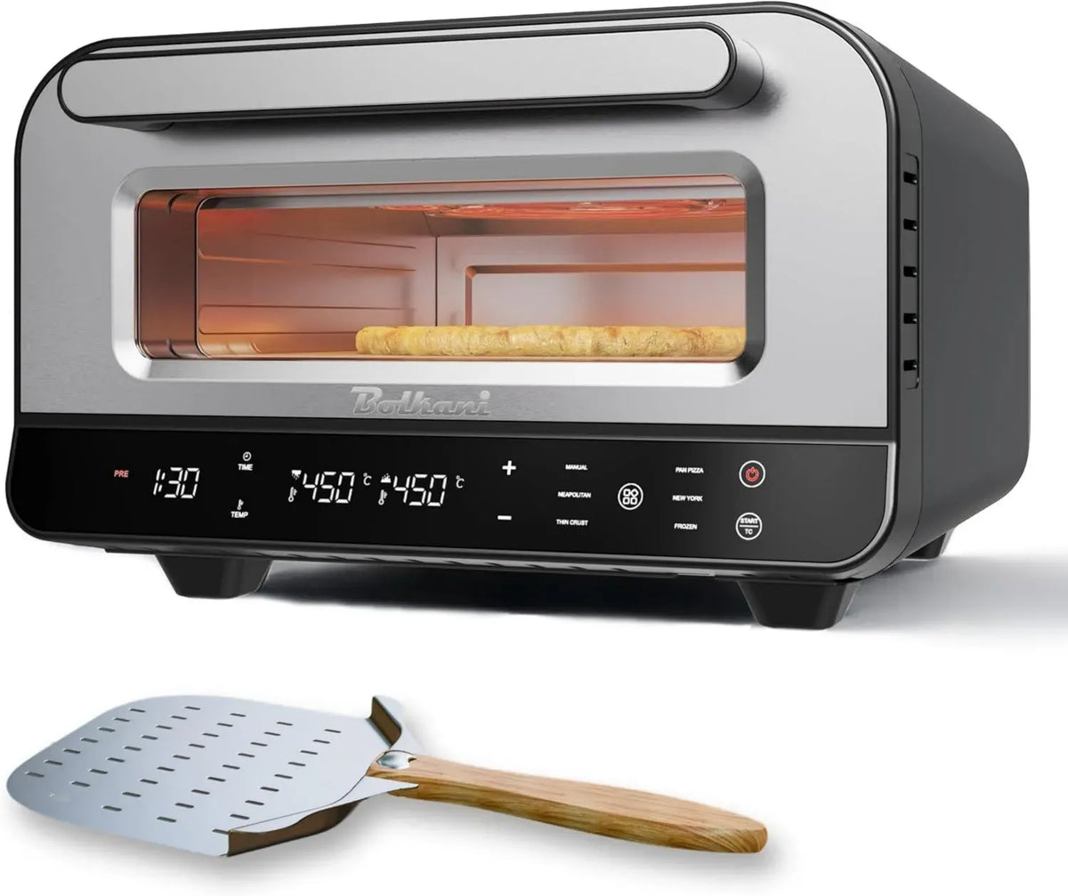 Forno elettrico per pizza 450¡ãC con pietra refrattaria, pala e timer ¨C 1700W, luce interna, finestra ¨C Pizza croccante in 2 minuti ¨C Macchina professionale per casa - BOLKANI (nero)