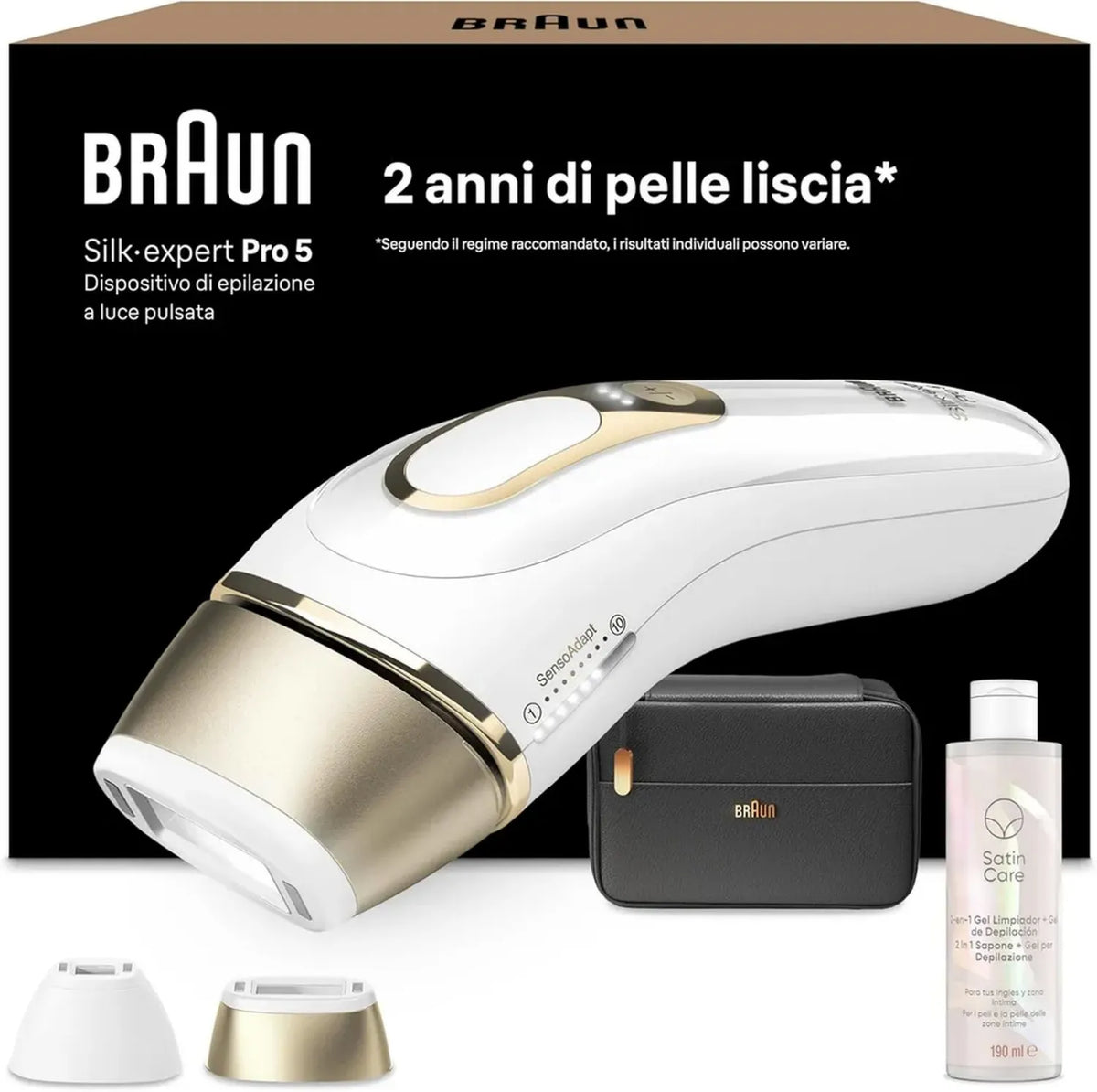 Braun Silk¡¤expert Pro 5 Epilatore IPL con Due Testine e Custodia, Alternativa al Laser, Regalo Perfetto, Bianco/Oro, Modello PL5140