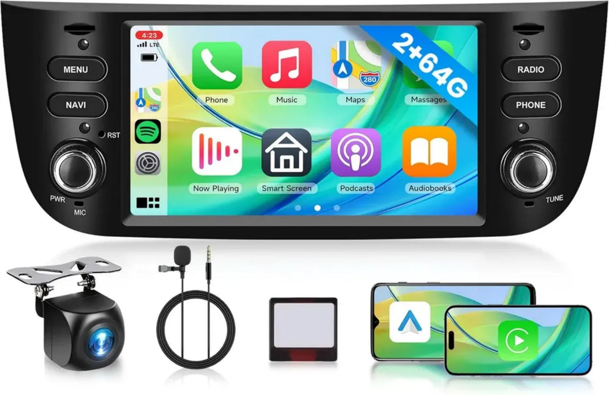 Autoradio Android 2G+64G per FIAT Punto 2010-2016, Schermo Touch 6.2'' con Carplay Wireless, Android Auto, Navigazione GPS, WiFi, Mirror Link, Bluetooth, FM/RDS/EQ, Controllo al Volante e Retrocamera