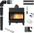 Inserto camino a legna Floki in acciaio nero, 10 kW, alta efficienza 83%, set completo con accessori