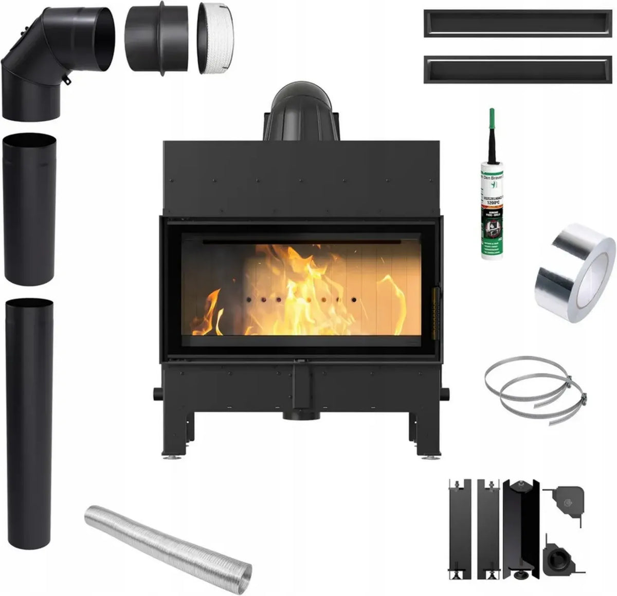Inserto camino a legna Floki in acciaio nero, 10 kW, alta efficienza 83%, set completo con accessori
