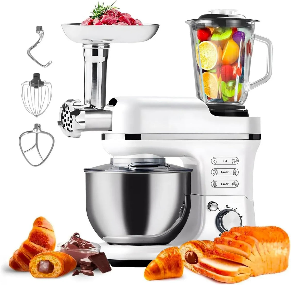 Robot da Cucina 1900W con Tritacarne e Frullatore, Ciotola 6,5L in Acciaio Inox