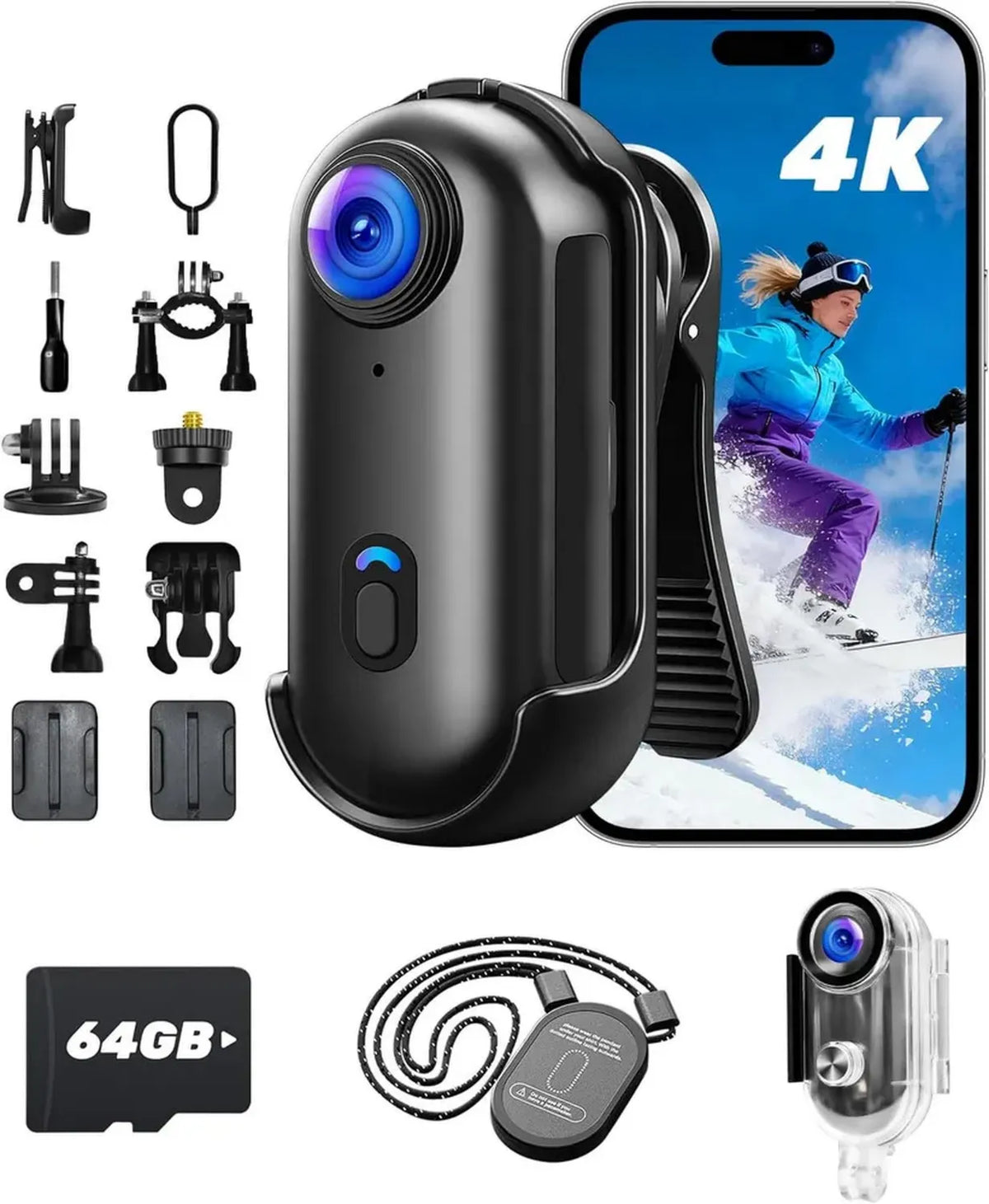 Telecamera d'Azione 4K Mini con Scheda 64 GB, Cam WIFI Magnetica, POV a Mani Libere, Clip Ruotabile a 360¡ã, Custodia Impermeabile per Vlog, Bici, Passeggiate con Animali