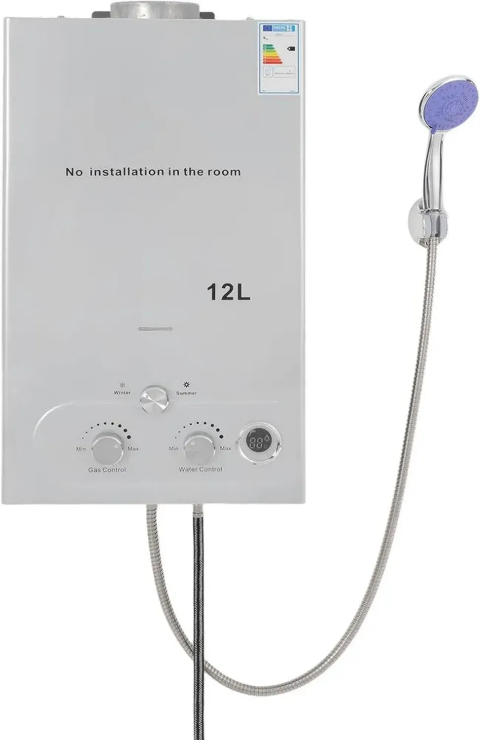 Scaldabagno a gas 12L 24KW GPL con doccia, avvio a bassa pressione 0,15 bar, ideale per casa e camper